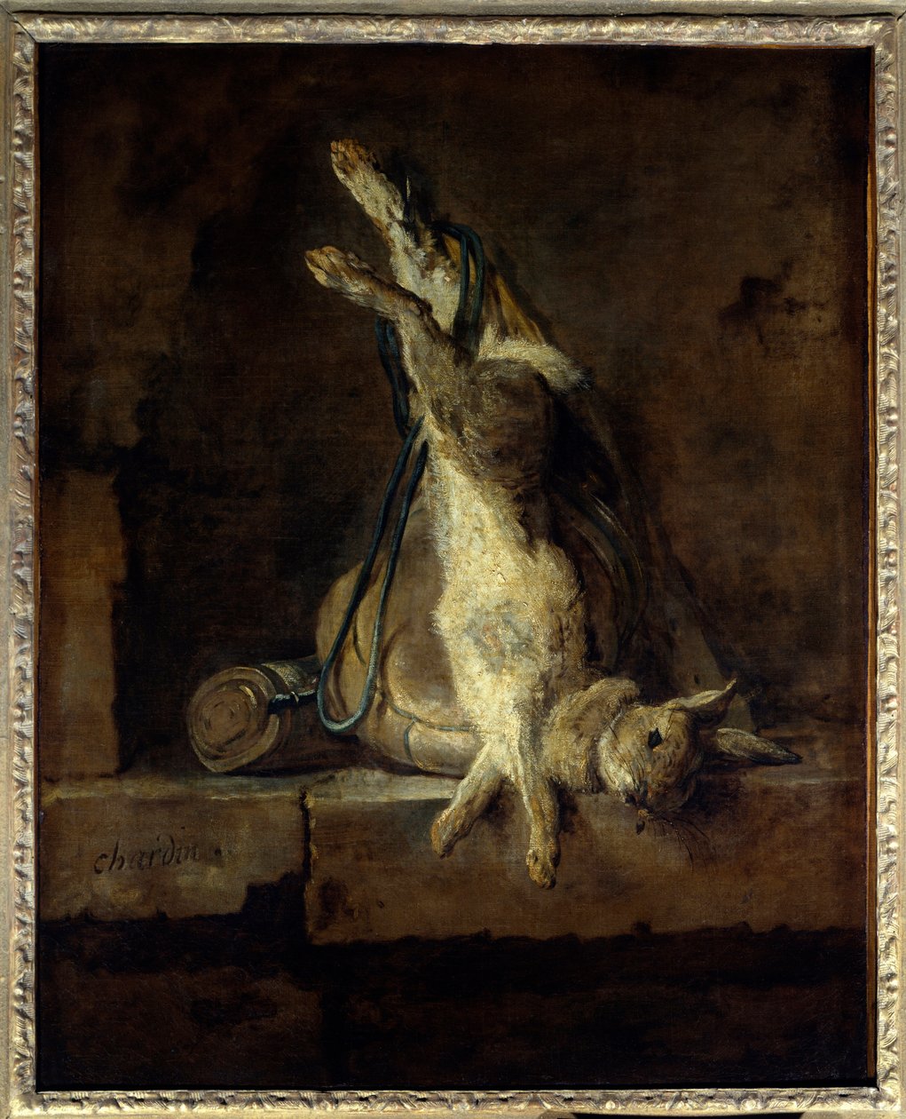 O coelho morto e o equipamento de caça Pintura de Jean Baptiste Simeon Chardin (1699-1779) Sol do século XVIII. 0,81x0,65 m Paris, Musee du Louvre. de Jean Baptiste Simeon Chardin