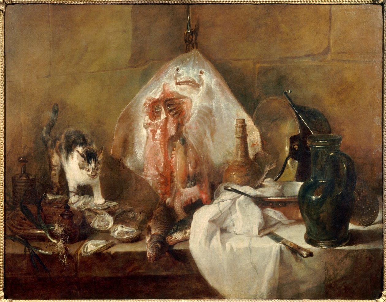 A natureza morta patina de peixes, ostras, jarras. Pintura de Jean Baptiste Simeon Chardin (1699-1779) 1727 Sol. 1,14 x 1,46 m Paris. Museu do Louvre de Jean Baptiste Simeon Chardin