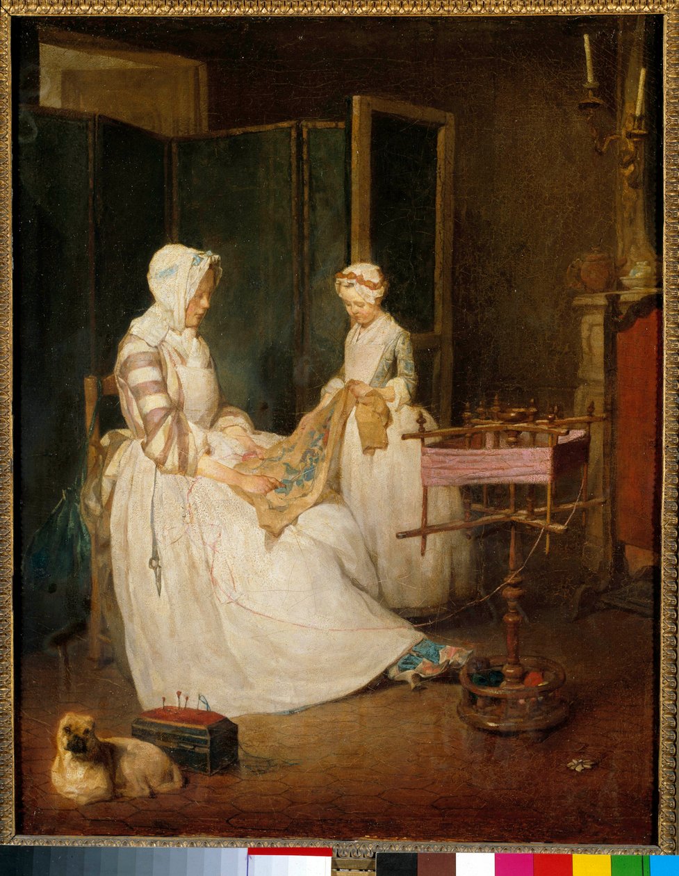 A mãe trabalhadora Uma mãe ajudada pela sua filha bordando e usando um chedder. Pintura de Jean Baptiste Simeon Chardin (1699-1779) Sol do século XVIII. 0,4x0,39 m de Jean Baptiste Simeon Chardin
