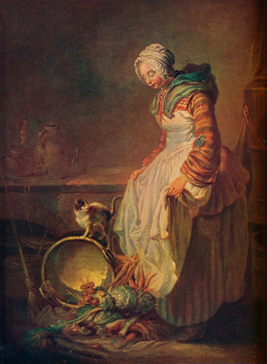 Mulher com gatinho, século XVIII de Jean Baptiste Simeon Chardin