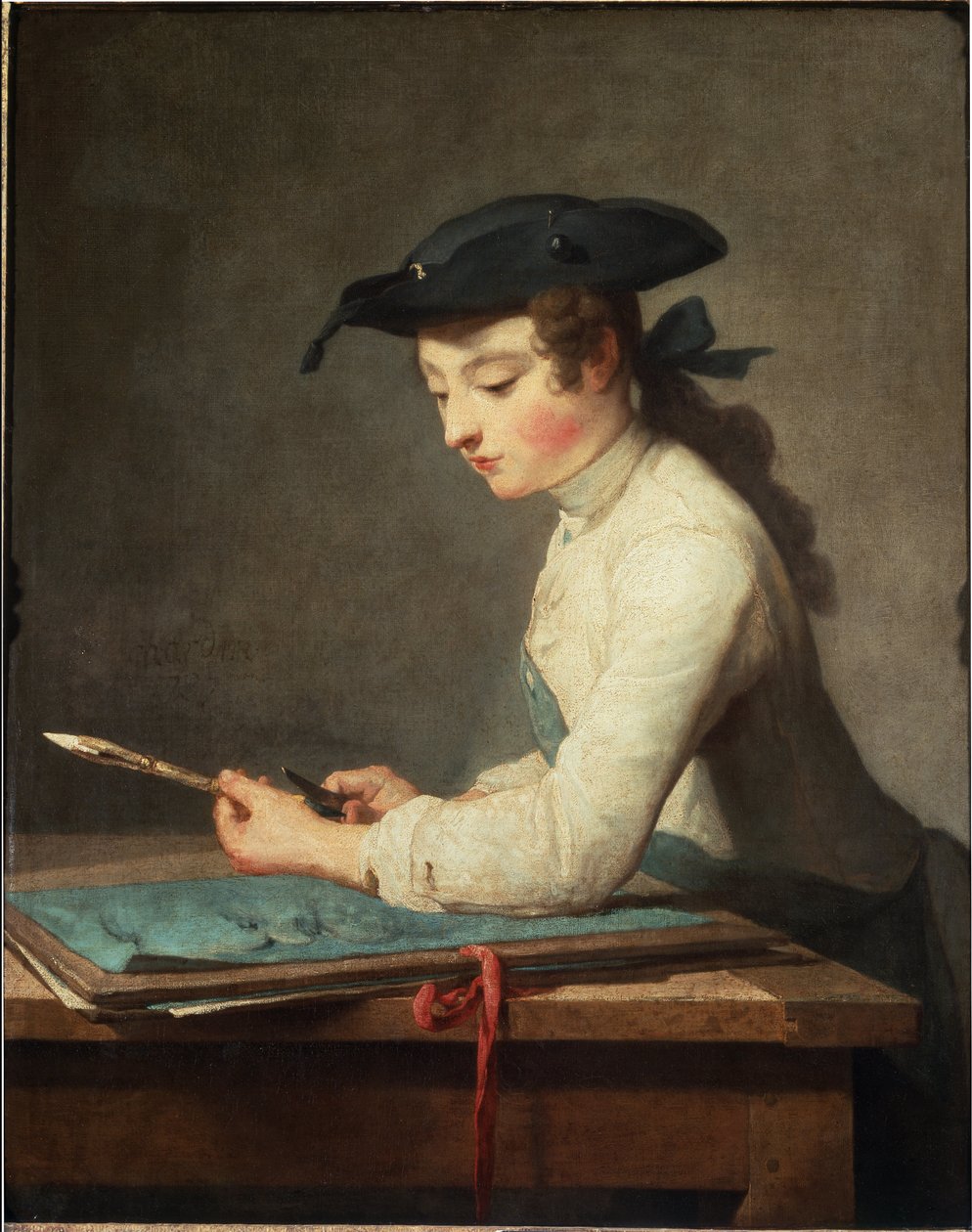 Jovem cartunista esculpindo seu lápis. Pintura de Jean Baptiste Simeon Chardin de Jean Baptiste Simeon Chardin