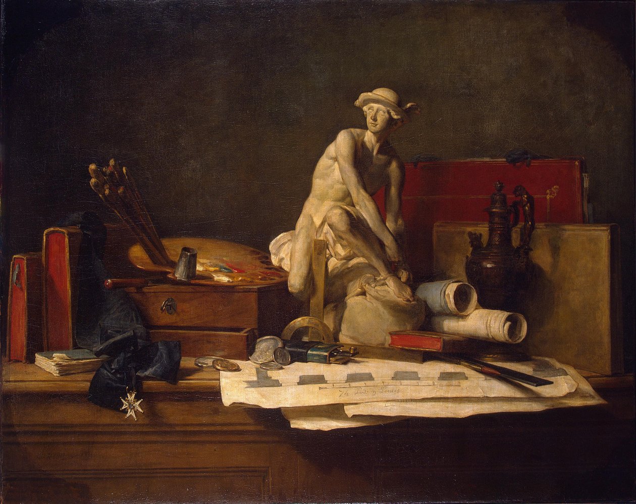 Francês:  Nature morte avec des attributs des Arts Natureza morta com atributos das artes Natureza morta com atributos das artes de Jean Baptiste Simeon Chardin