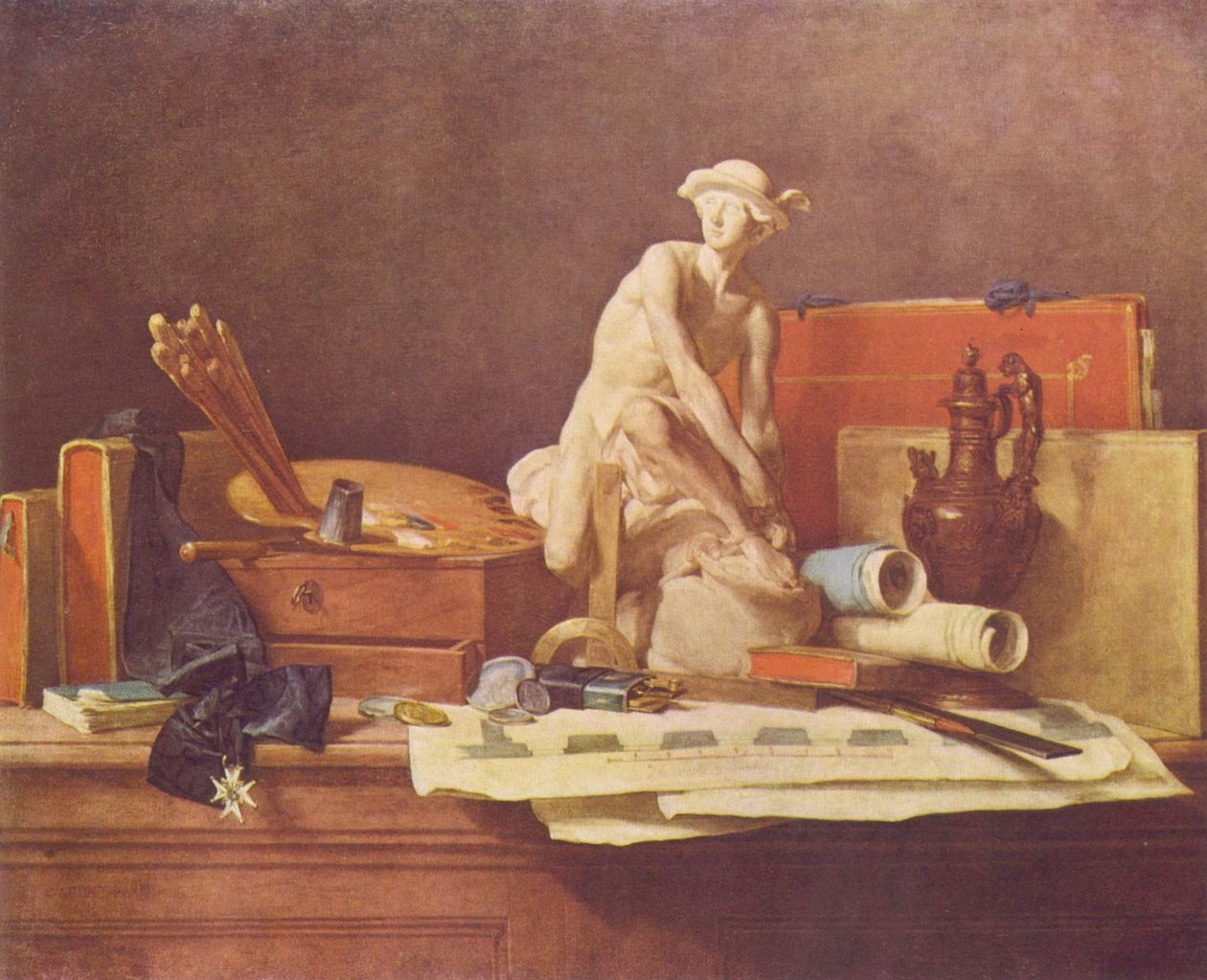 Francês:  Nature morte avec des attributs des Arts Natureza morta com atributos das artes Natureza morta com atributos das artes de Jean Baptiste Simeon Chardin