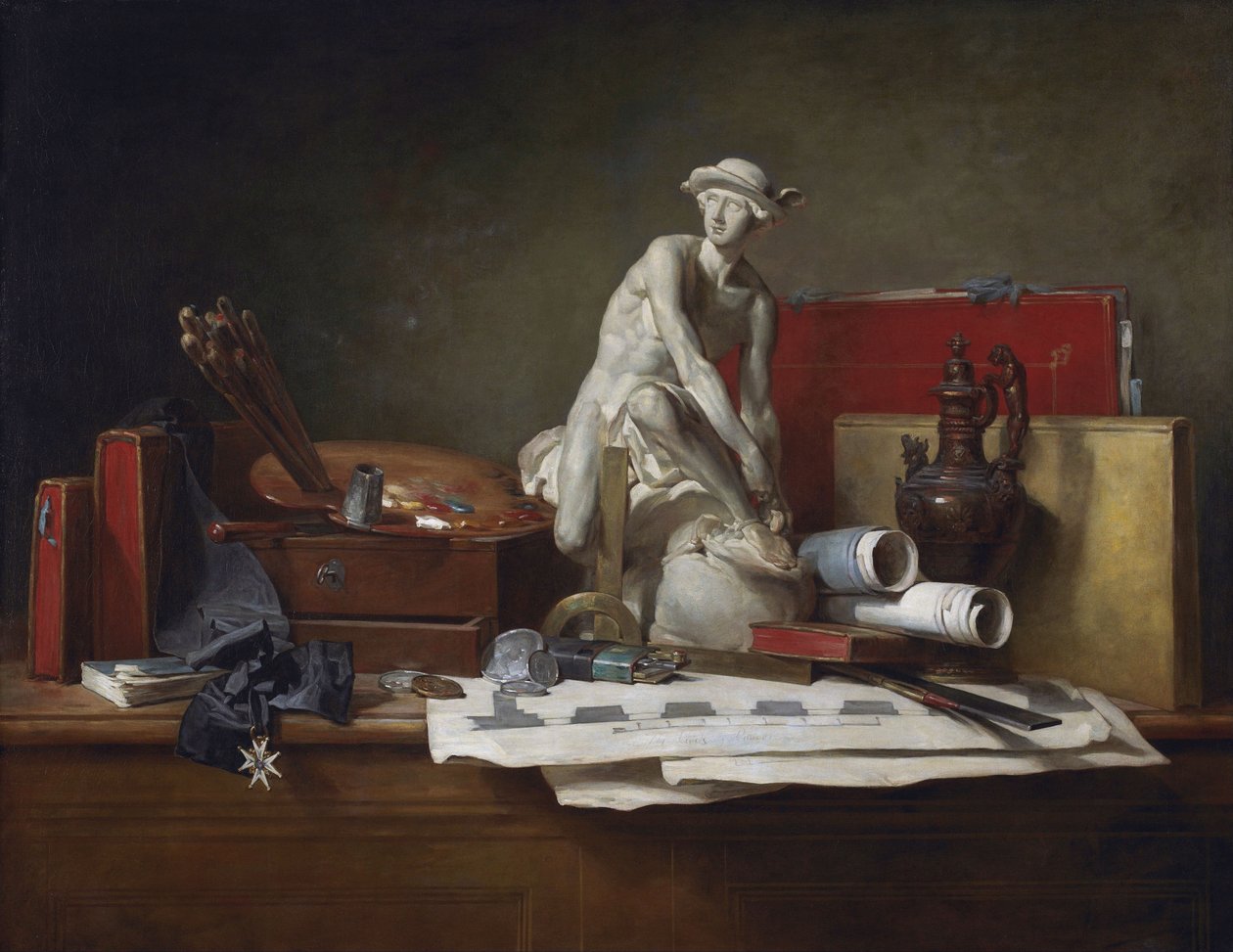 Francês:  Nature morte aver des attributs des Arts Os atributos das artes e as recompensas que lhes são atribuídas de Jean Baptiste Simeon Chardin