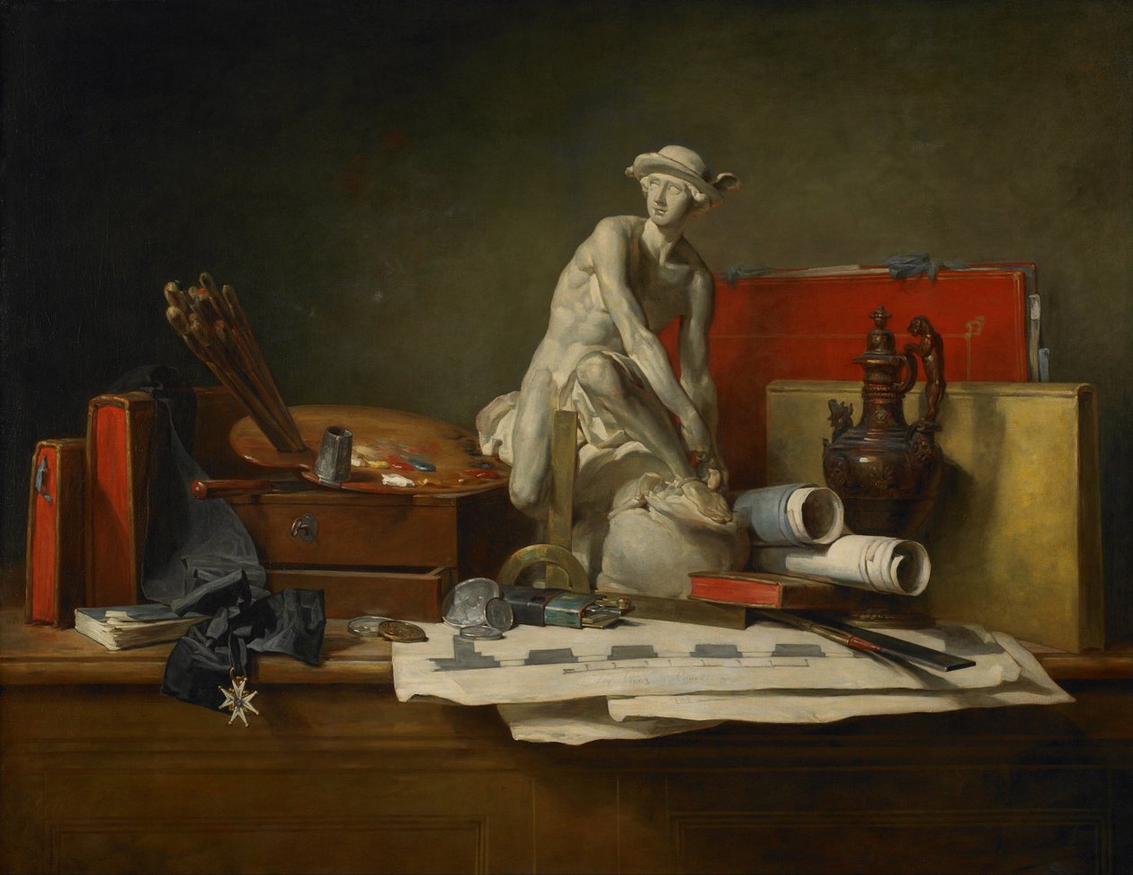 Francês:  Nature morte aver des attributs des Arts Os atributos das artes e as recompensas que lhes são atribuídas de Jean Baptiste Simeon Chardin