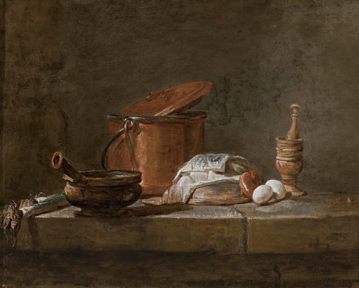 Alho-porro, uma caçarola com um pano, um tacho e uma tampa de cobre, uma cebola e ovos com um pilão e um almofariz, sobre um parapeito de pedra de Jean Baptiste Simeon Chardin