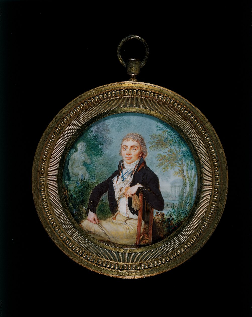 Retrato em miniatura de um jovem cavalheiro chamado Sr. Videl, sentado a três quartos de comprimento (moldura de bronze dourado) de Jean Baptiste Soyer