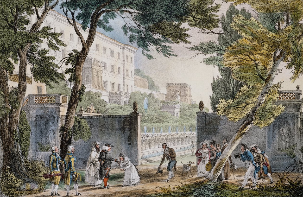 Uma vila: cena de encontro da nobreza - gravura de João Baptista (Jean-Baptiste) Thomas (1791-1833), cerca de 1820 de Jean Baptiste Thomas