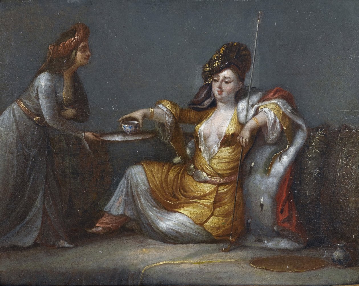 "A Sultana tomando café" (La sultana prenant son café simultâneo) Pintura da escola de Jean Baptiste (Jean-Baptiste) Vanmour (Van Mour) (1671-1737) Coleção particular de Jean Baptiste Vanmour