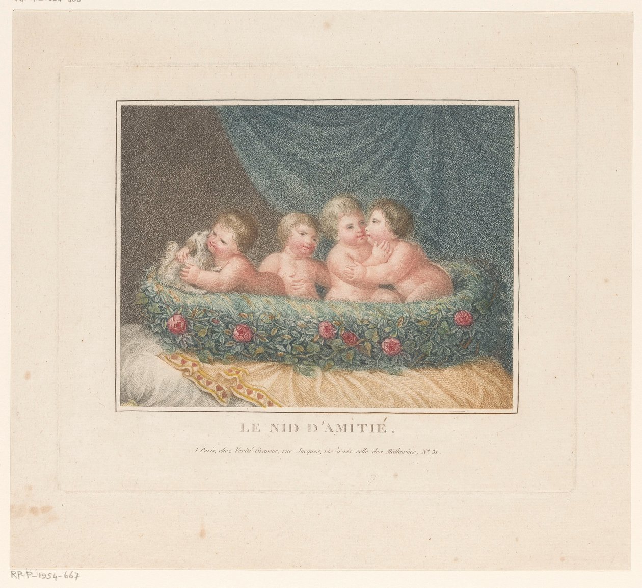 Quatro putti com um cão num cesto de rosas sobre uma almofada
Le Nid d