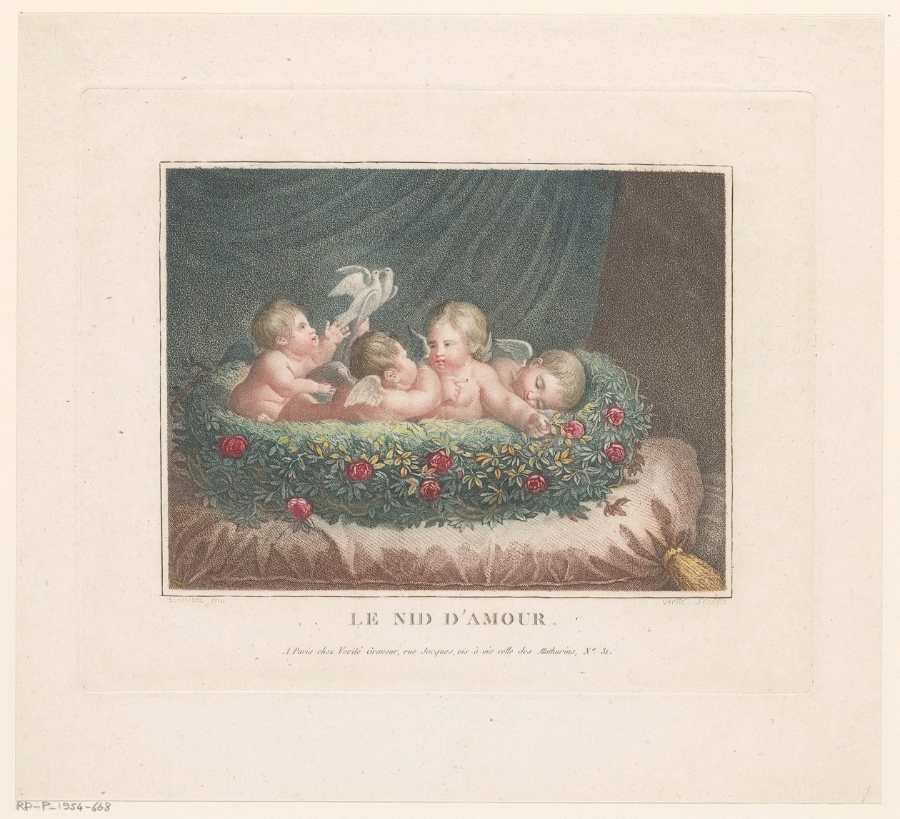 Quatro putti com duas pombas em uma cesta de rosas em um travesseiro Le Nid d