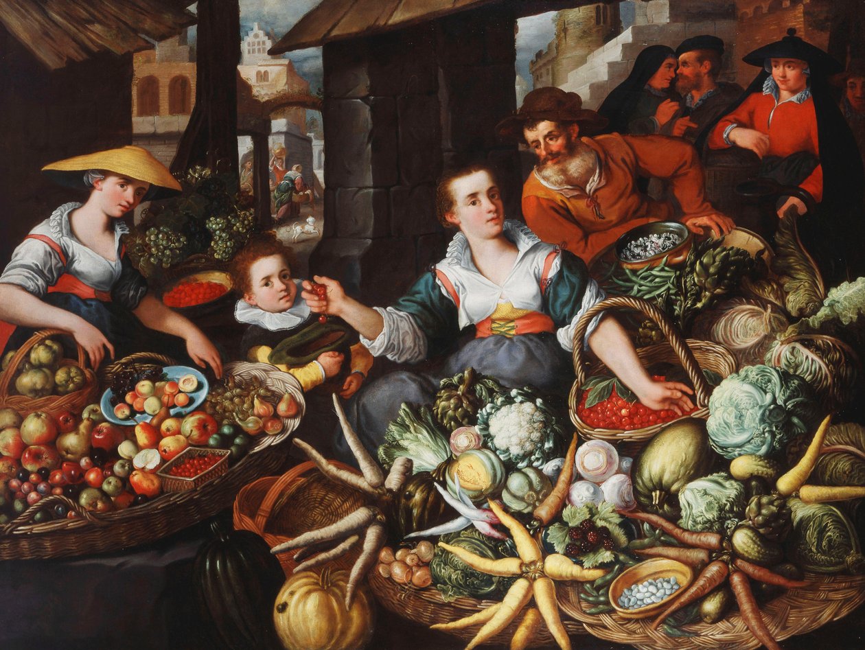 Uma barraca de frutas e legumes em um mercado da cidade, de Jean Baptiste de Saive