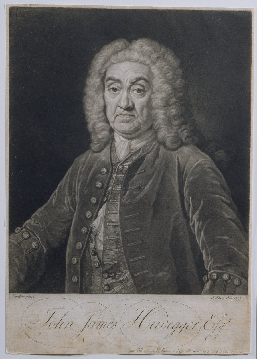 Retrato de John James Heidegger (1666-1749), empresário suíço em Londres, gravado por John Faber (1684-1756), 1749 de Jean Baptiste van Loo