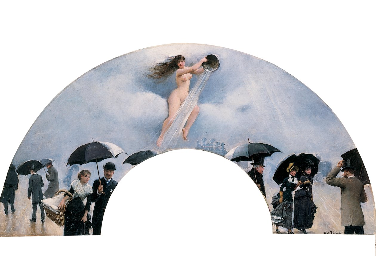 Uma alegoria da chuva, pintada como leque de Jean Beraud