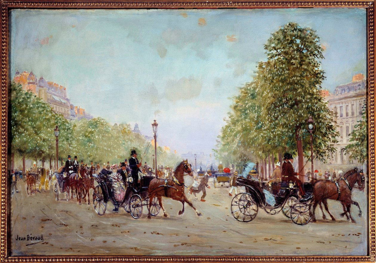La promenade aux Champs-Elysees Pintura de Jean Beraud (1849-1935) do século XIX. Dim 0,38 x 0,55 m Paris, Musee Carnavalet de Jean Beraud