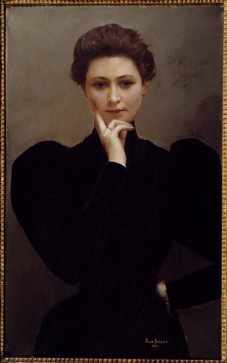 Meditação Uma jovem pensativa, vestida à moda da Belle Époque. Pintura de Jean Beraud de Jean Beraud