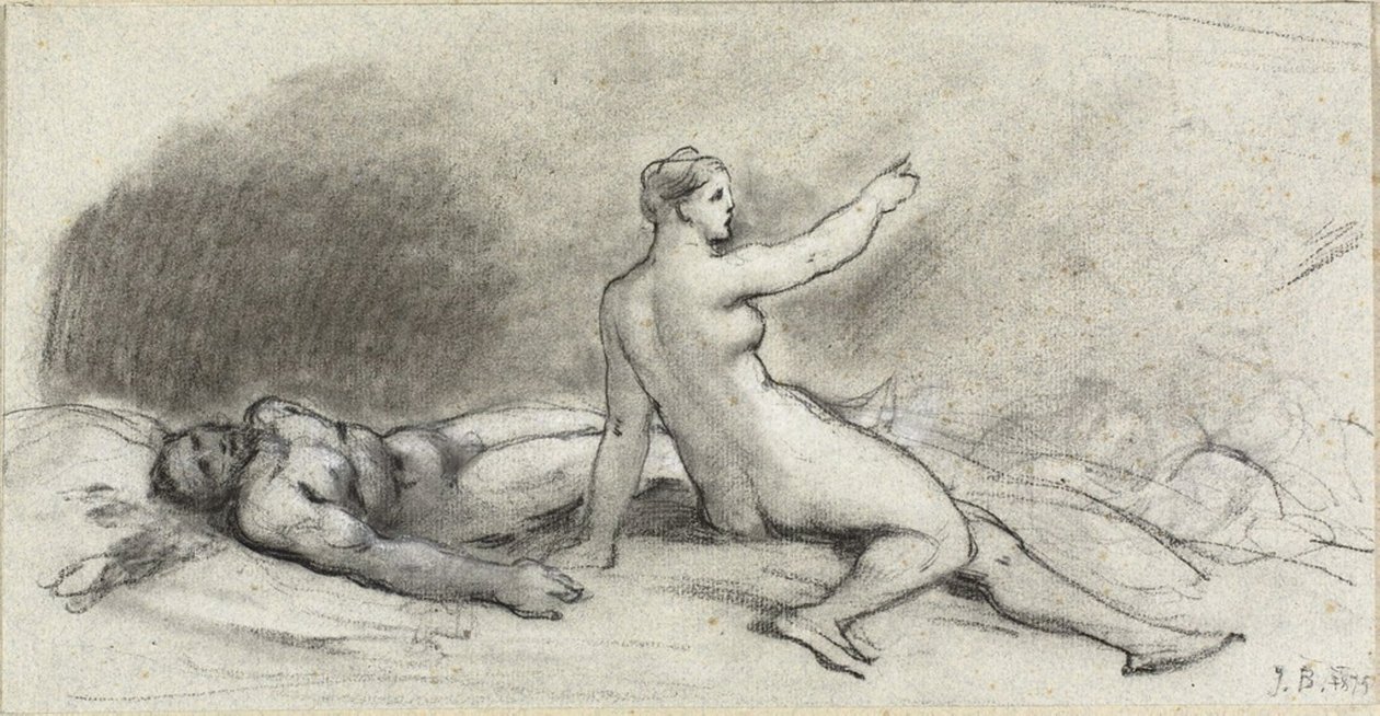 Mulher Nua Sentada com Homem Nu dormindo (reto); Torso feminino visto de trás (verso) de Jean Beraud