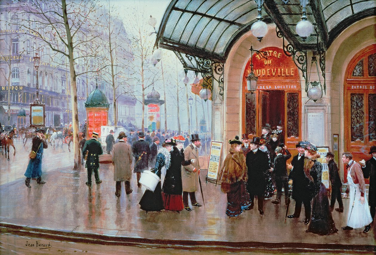 Fora do Teatro Vaudeville, Paris de Jean Beraud