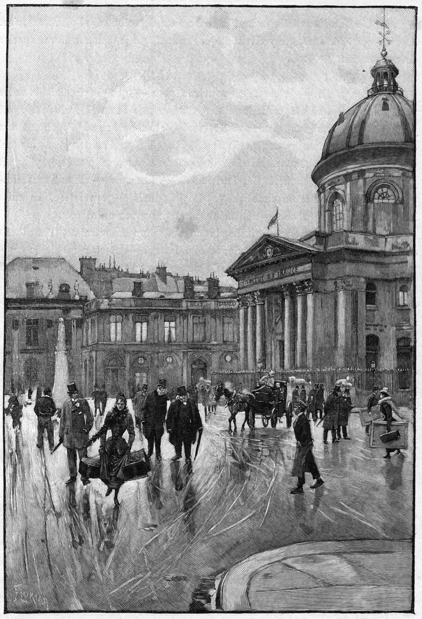 A cena parisiense no século XIX: a margem esquerda com o Institut de France. Gravura de Florian a partir da pintura de Beraud. Final do século XIX. Em "As capitais do mundo": Paris". de Jean Beraud