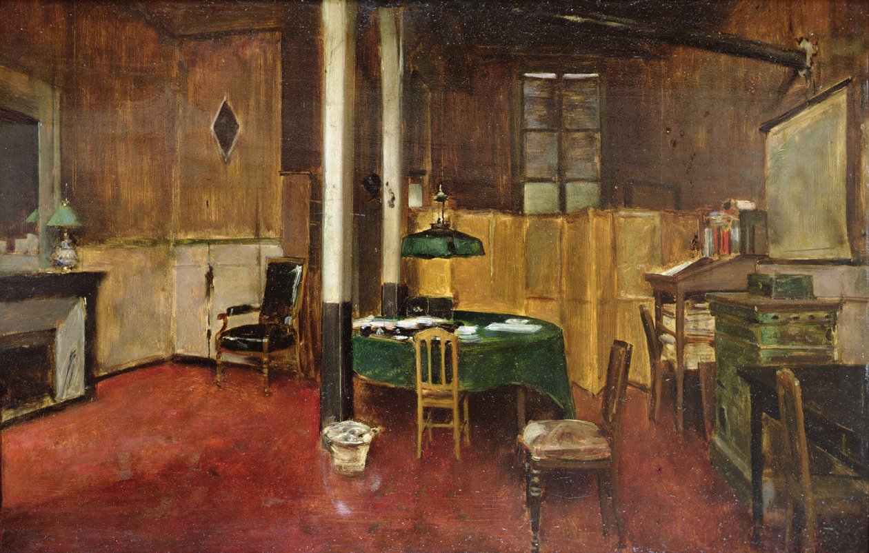 The Newsroom of Hansard, c.1889 (óleo sobre madeira) de Jean Beraud