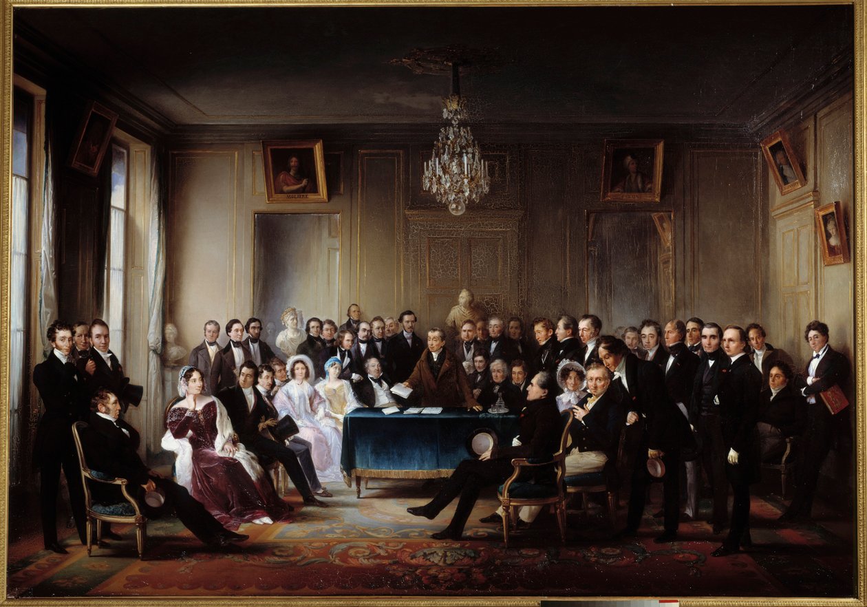 O poeta e dramaturgo François Guillaume Andrieux lendo sua tragédia Junius Brutus "no foyer da Comédia Francaise em 26/05/1828" Entre os presentes Alexandre Dumas, Pierre Nicolas Michelot, Jean Francois Becquerel, Firmin, Victor Hugo, Eugene de Jean Beraud