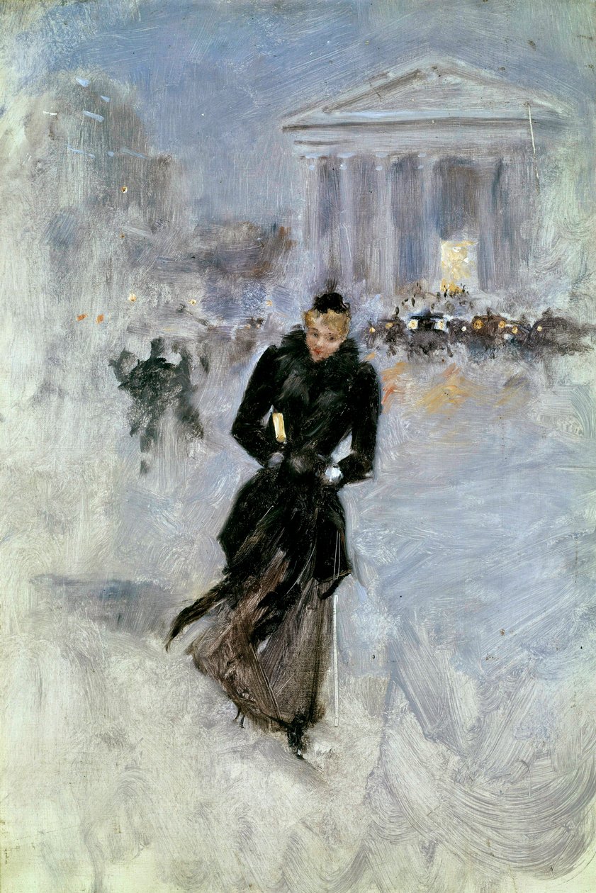 Jovem mulher elegante na jibóia da rue Royale em Paris Pintura de Jean Beraud (1849-1935) Tours do século XX, Musee des Beaux Arts de Jean Beraud