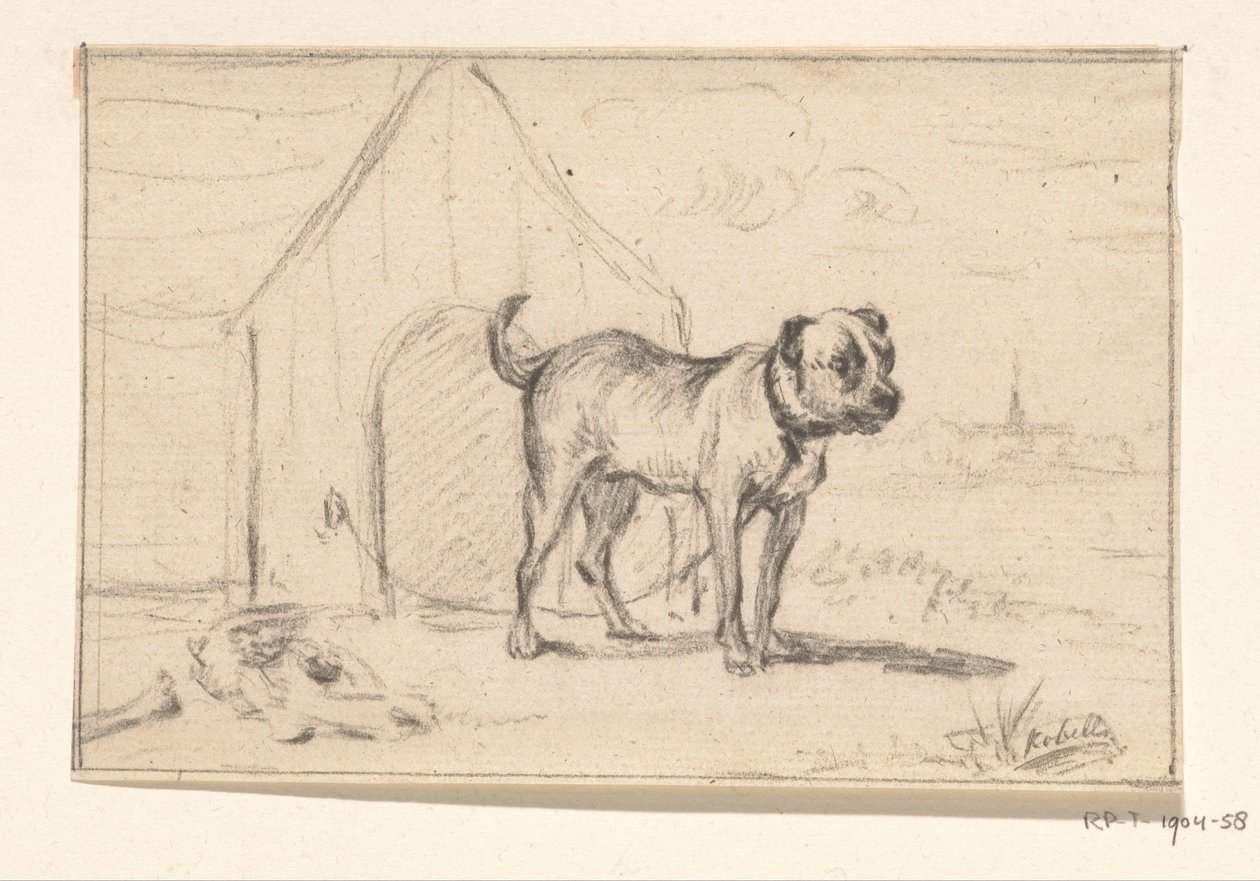 Cão com trela, em frente ao seu canil de Jean Bernard