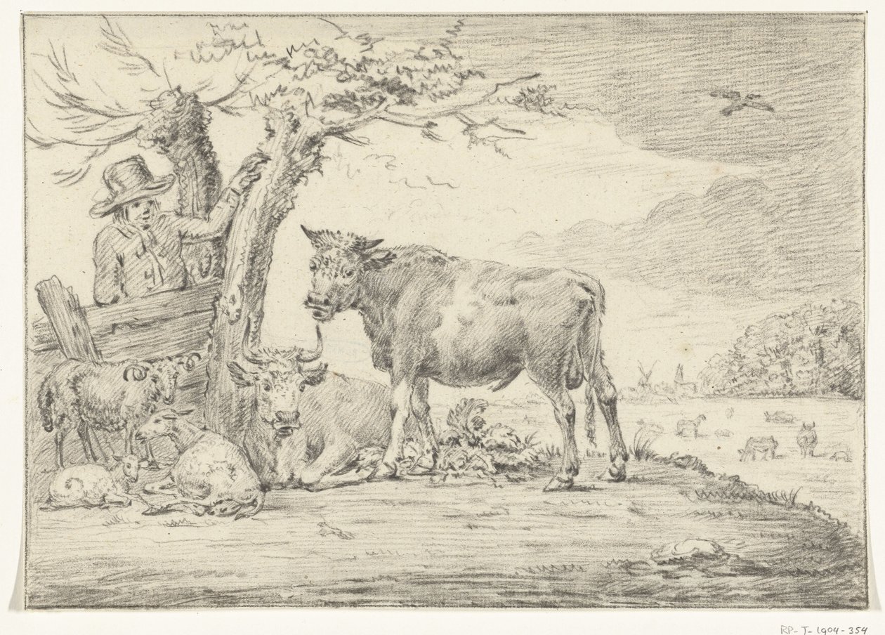 Agricultor de pé por uma cerca com gado de Jean Bernard