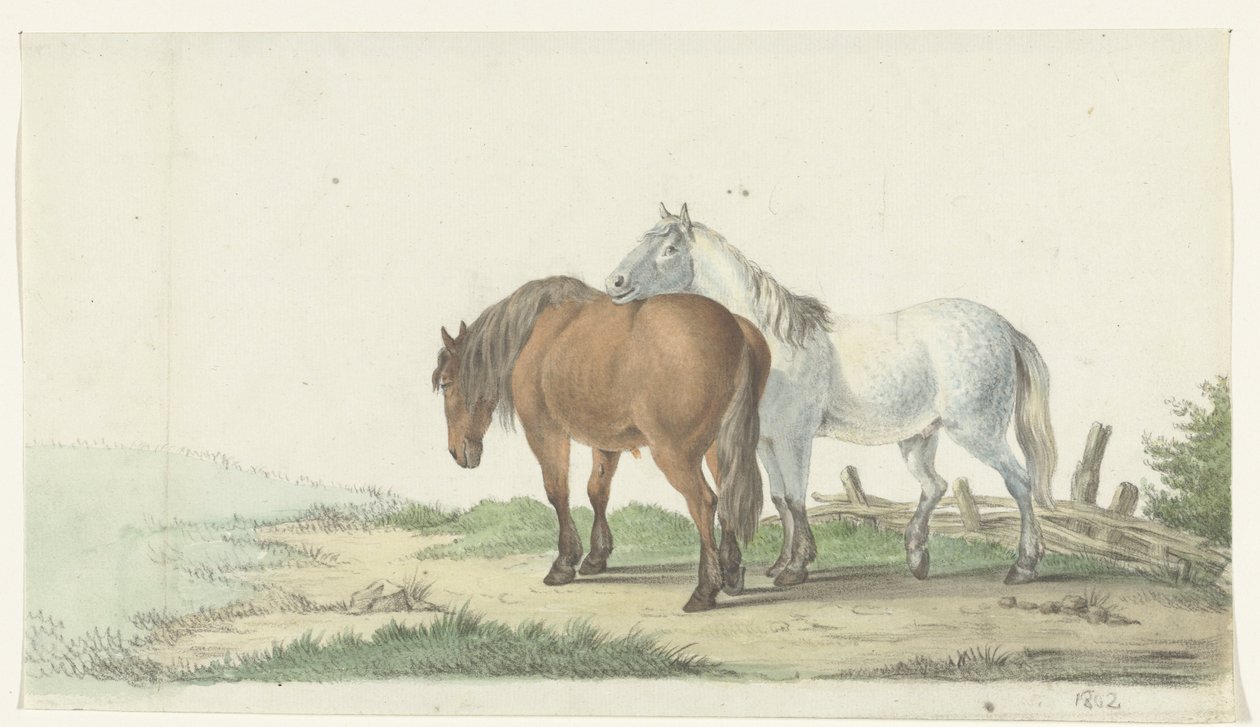 Um cavalo marrom e branco em uma estrada ao lado de uma cerca de Jean Bernard
