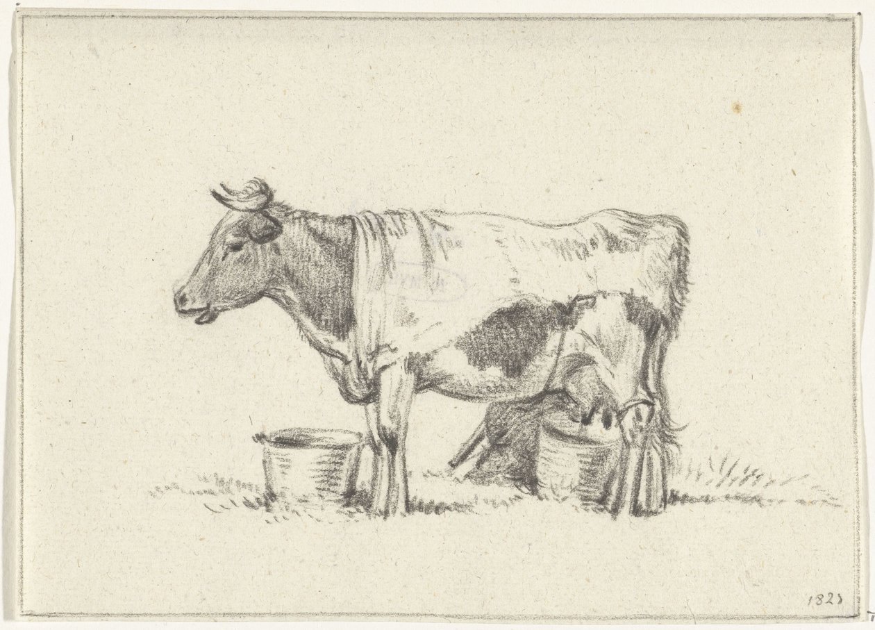 Vaca em pé, com balde de leite e fezes de leite de Jean Bernard