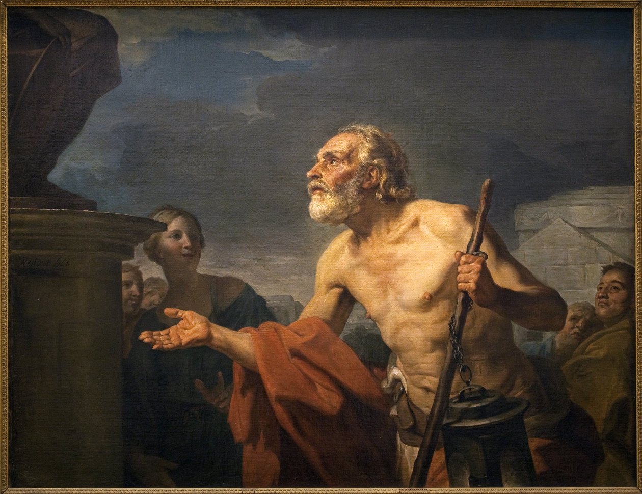 Diogene a pedir a almona para as estátuas. (Sinope Diogene chamado cínico, por volta de 413-around 327 AC). Pintura de Jean Bernard Restout (1732-1797), Oil On Canvas de Jean Bernard Restout
