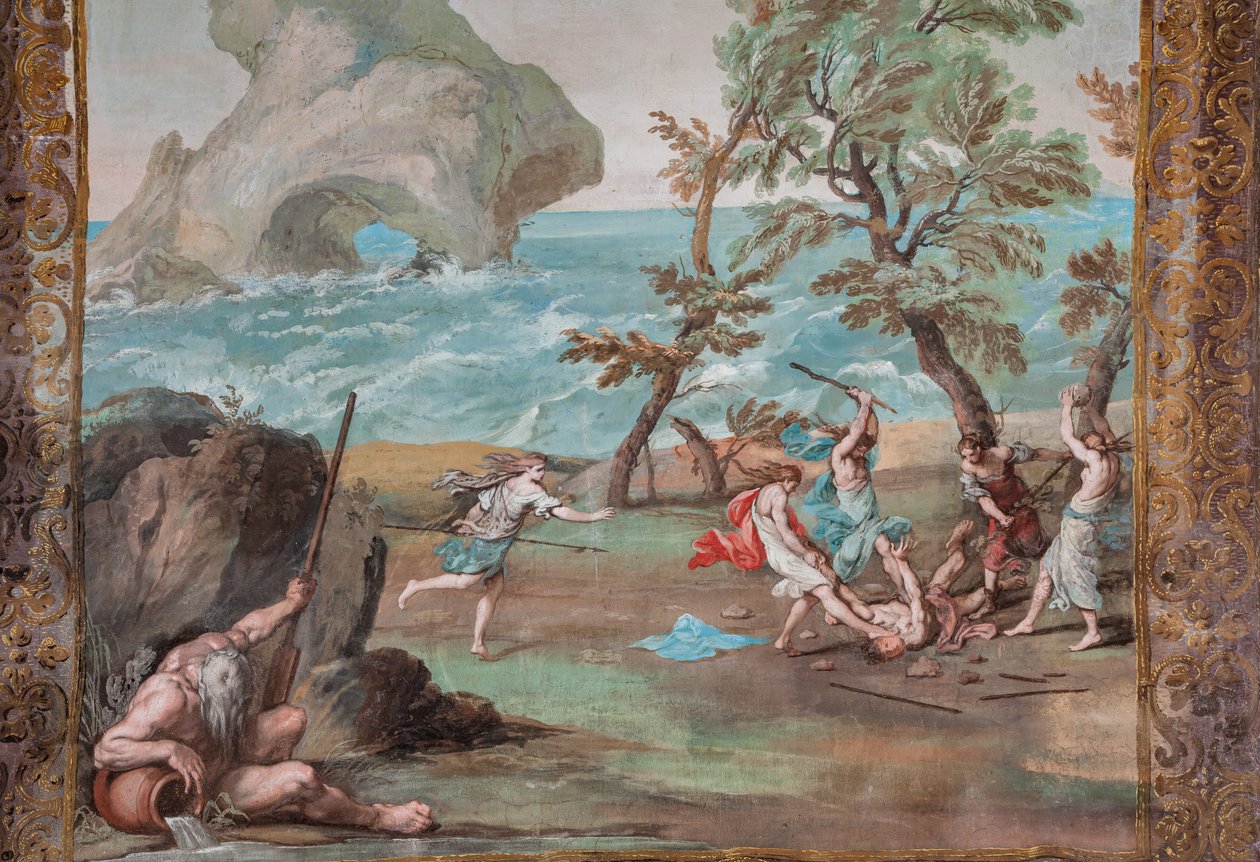 As bacantes matam Orfeu com pedras e paus por se recusar a cantar os louvores de Baco de Jean Boulanger