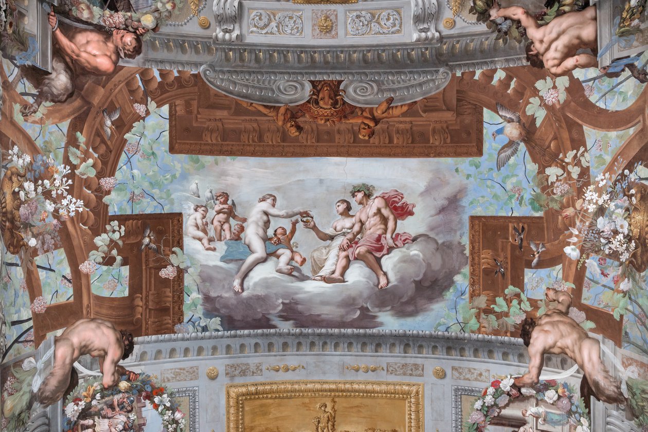 Vénus dá a coroa a Ariadne; nas nuvens, Vénus, rodeada de cupidos, oferece a coroa de Vulcano a Ariadne, sentada ao lado de Baco de Jean Boulanger