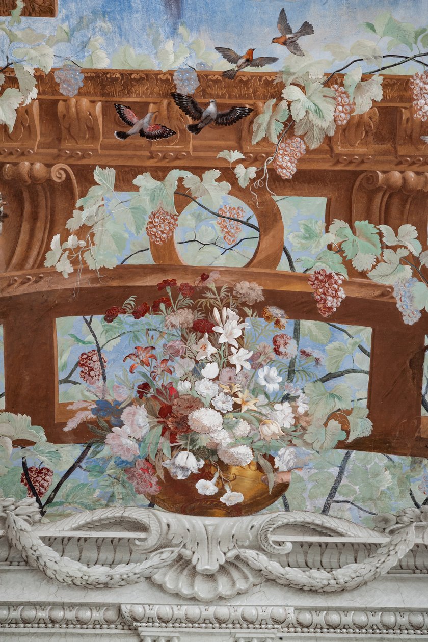 Rebentos de videira, uvas, flores e pássaros, pormenor de Jean Boulanger