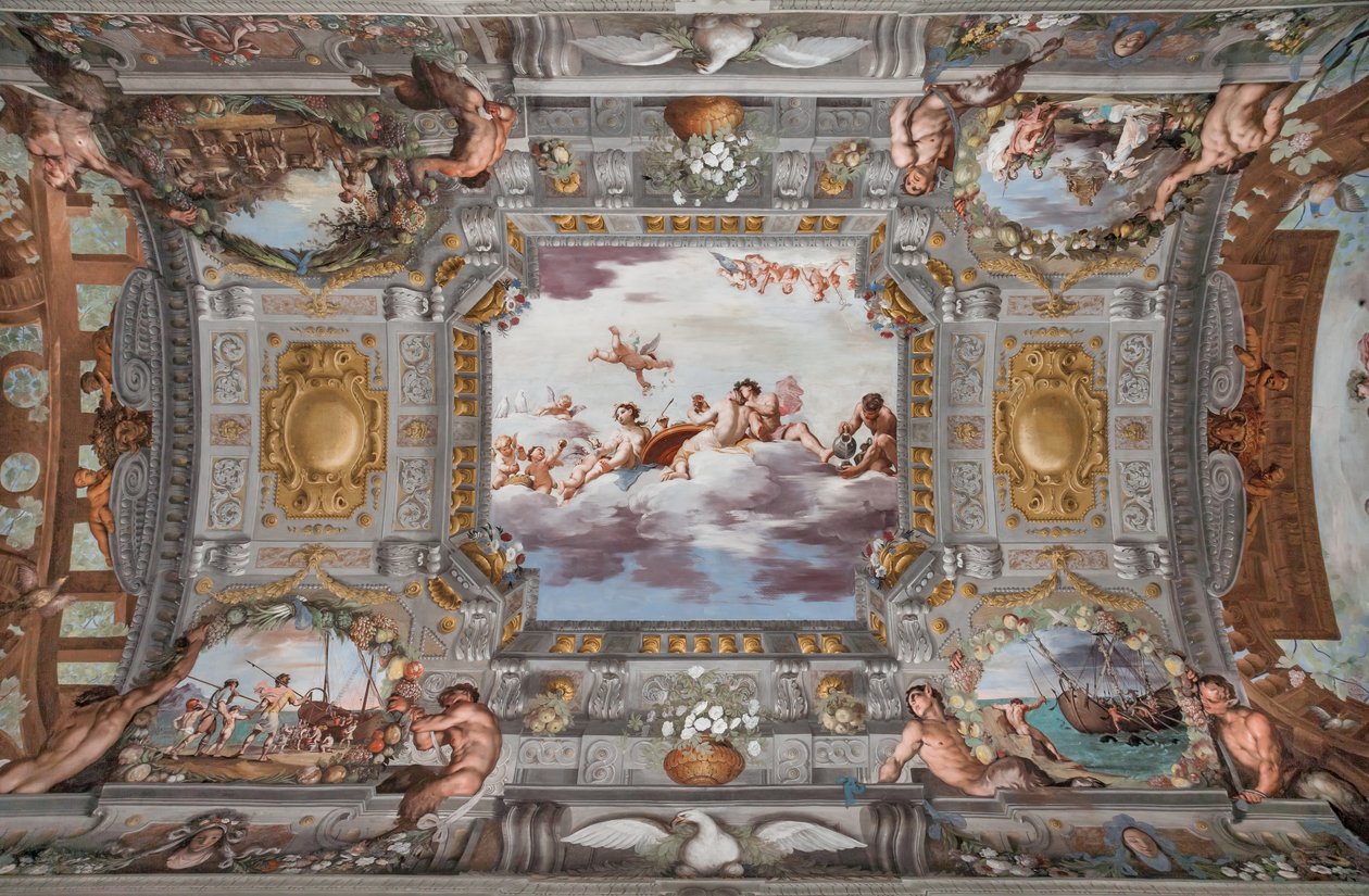 Banquete de casamento. Nas nuvens, Baco, Ariadne e Vénus, com uma figura a servir vinho, estão sentados numa mesa redonda. Os outros deuses observam de longe. de Jean Boulanger