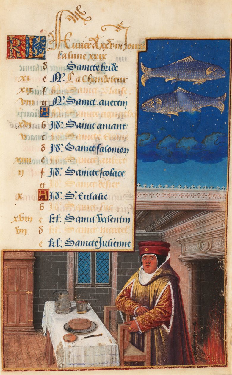 Horas de Luís XII (anteriormente Horas de Henrique VII), Folha de calendário para o mês de fevereiro, c.1490-1510 (têmpera sobre velino) de Jean Bourdichon