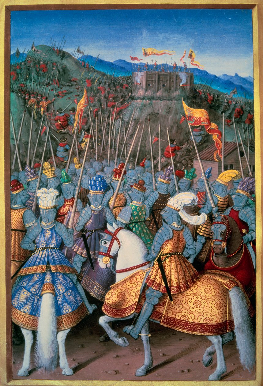 Guerras Italianas: o rei Luís XII (1462-1515) atacou Genes com as suas tropas em 1507. Miniatiure de "Le voyage dee Genes", de Jean Marot (1450-1526), recrutado por Jean Bourdichon (1457-1521) 1510 Paris, B.N. de Jean Bourdichon
