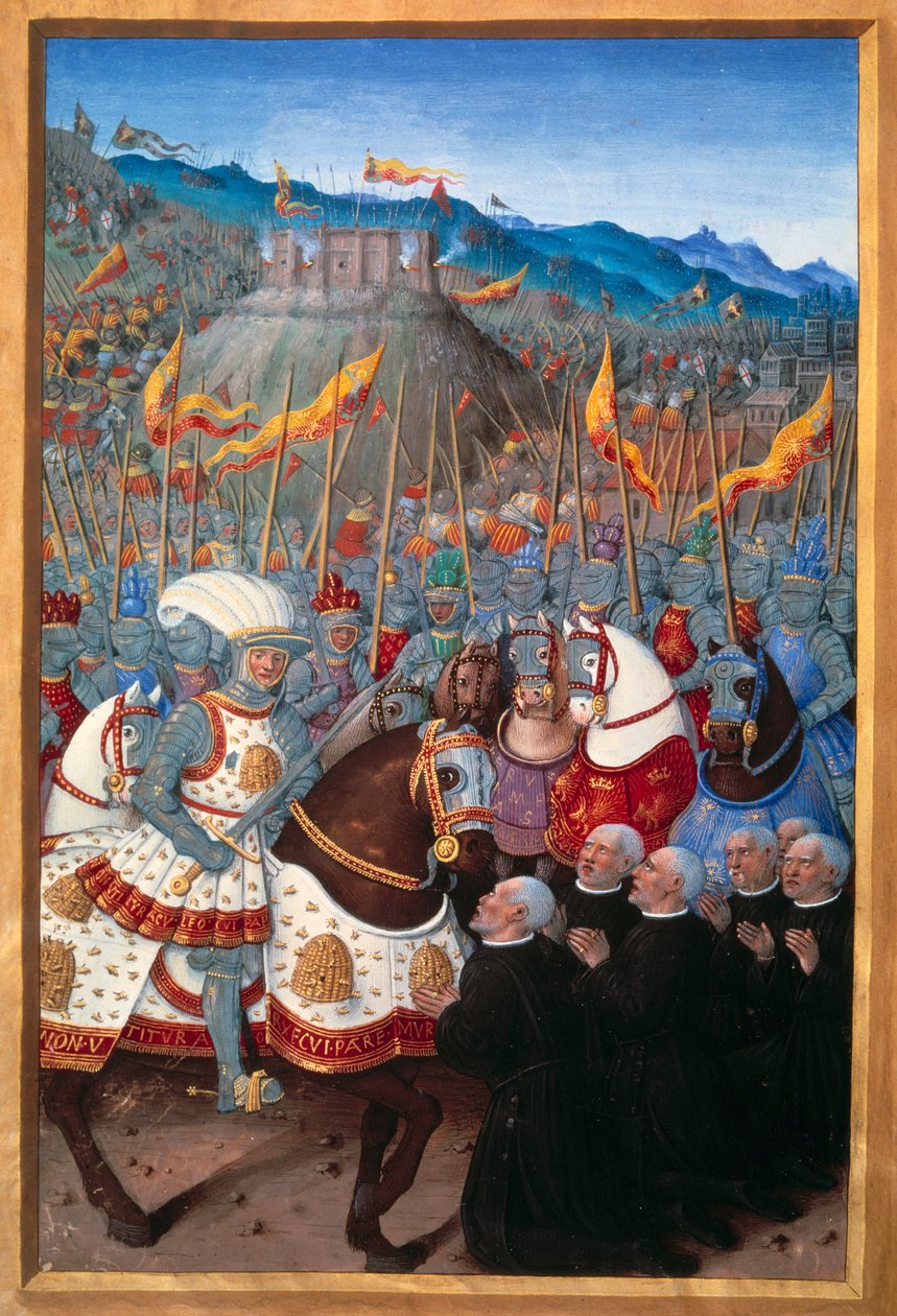 Luís XII (1462-1515) recebeu seis burgueses de Genes ajoelhados (25 de Abril de 1507). Miniatura de Jean Bourdichon (1457? - 1521) em "Voyage de Genes" (Folio 20v) escrito por Jean Marot, v.1508. Paris, B N de Jean Bourdichon