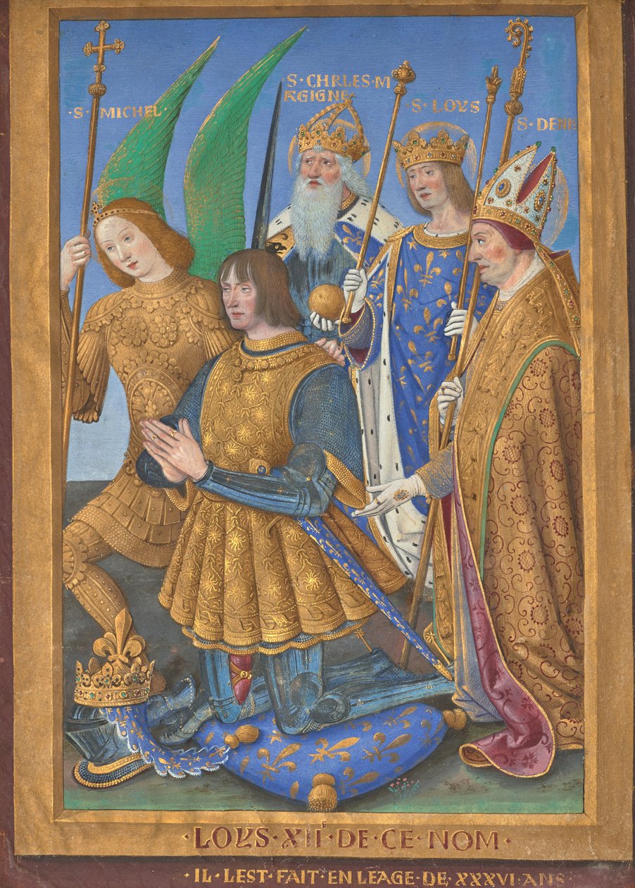 Luís XII de França ajoelhado em oração, acompanhado pelos santos Miguel, Carlos Magno, Luís e Denis de Jean Bourdichon