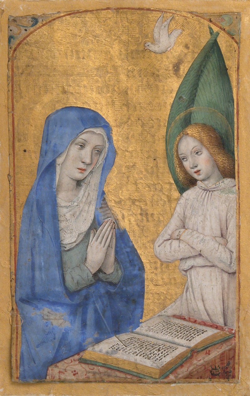 Folha do manuscrito com a Anunciação de um Livro de Horas, ca. 1485-90. de Jean Bourdichon