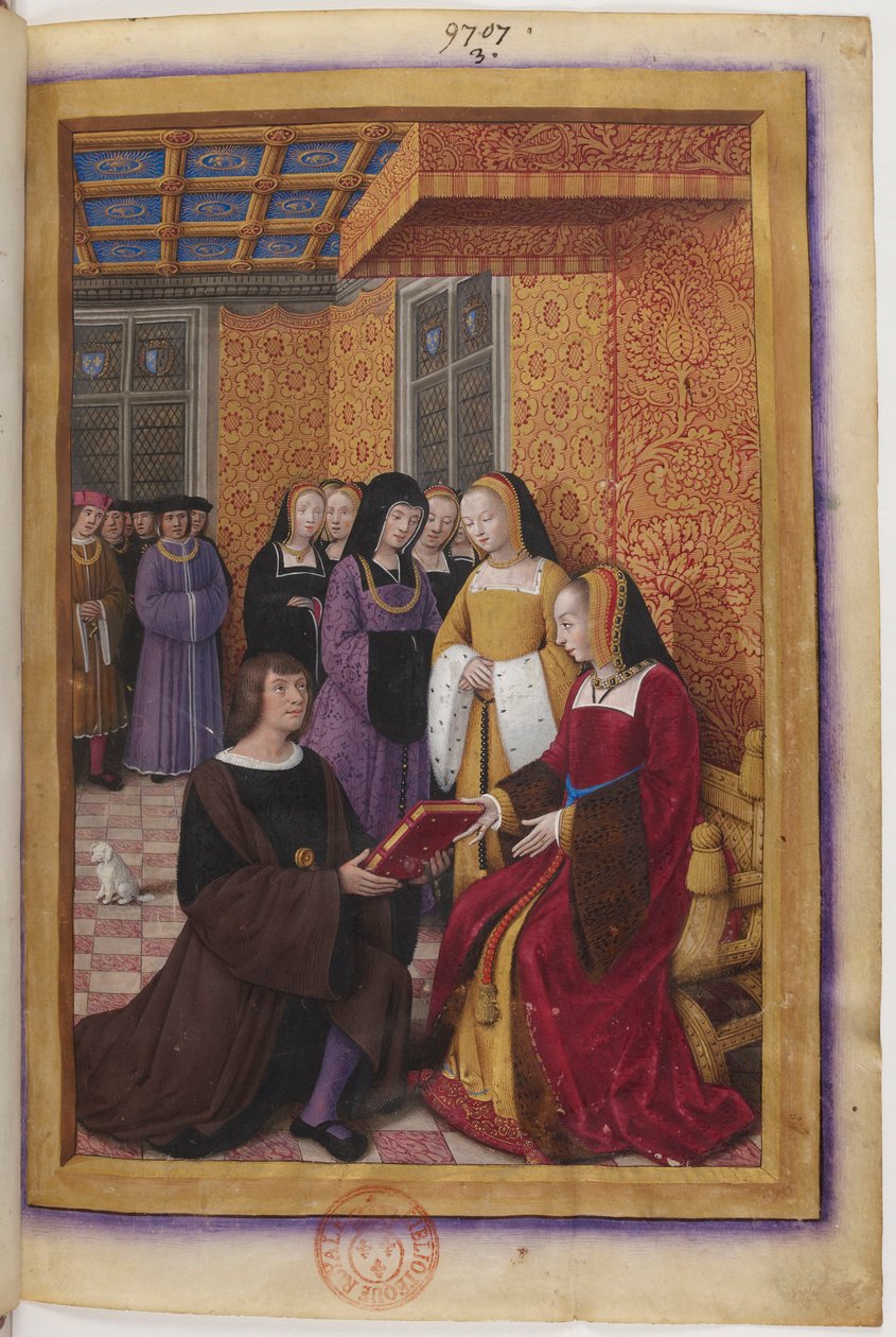 Dedicatória em miniatura da Voyage de Gênes: Jean Marot apresenta a sua obra a Ana da Bretanha de Jean Bourdichon
