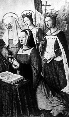 Ms lat 9474 f.3v Ana da Bretanha com Santa Ana, Santa Úrsula e Santa Helena, em miniatura das Grandes Heures de Ana da Bretanha, c.1503-8 (ver também 151193) de Jean Bourdichon
