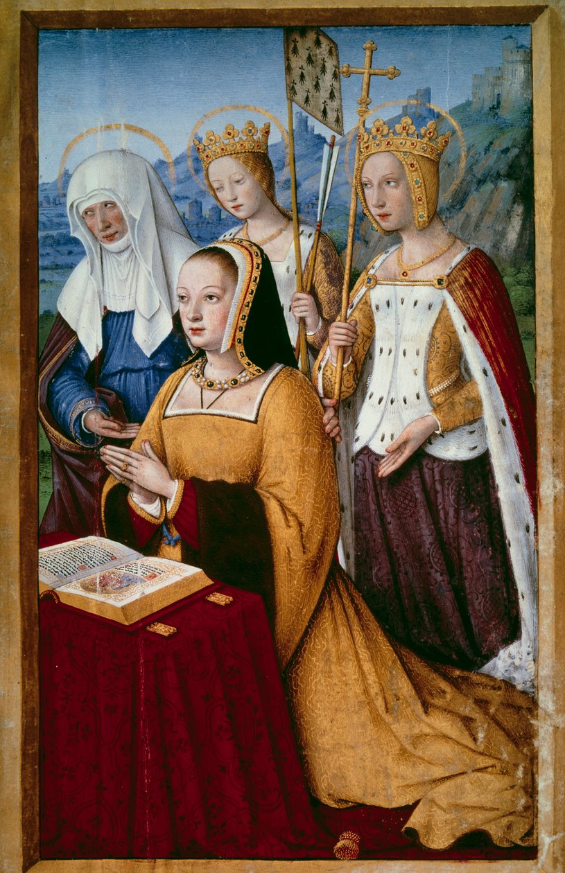Retrato de Ana da Bretanha (1477-1514), rainha da França, em oração com a sua santa padroeira Santa Ana, Santa Helena e Santa Cápsula Miniatura tirada de "As Grandes Horas de Ana da Bretanha" de Jean Bourdichon (1457-1521) 1503-1508. Paris, B.N. de Jean Bourdichon