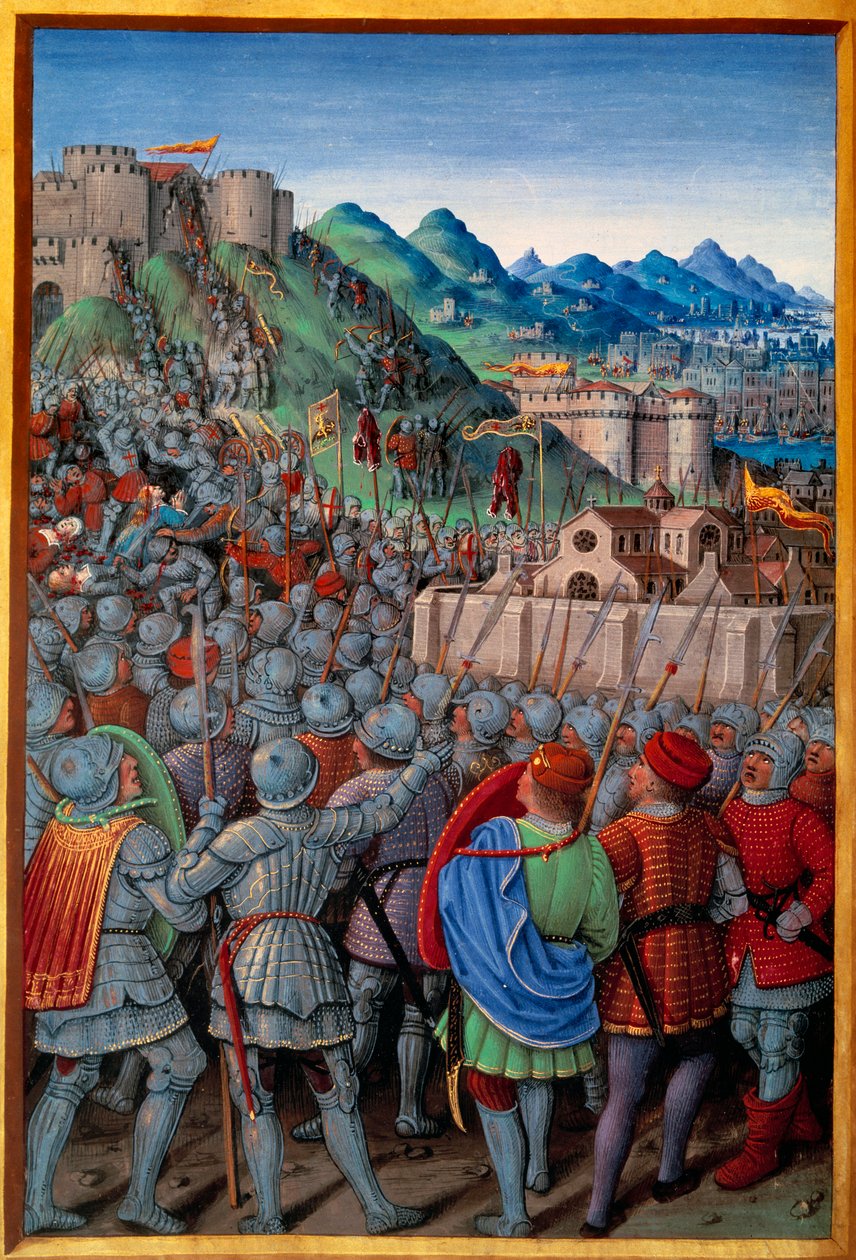 Os Genois atacaram a guarda de Castellacio de Genes pelos franceses (12 de Março de 1507). Miniatura de Jean Bourdichon (1457? - 1521) em "Voyage de Genes" (Folio 20v) escrito por Jean Marot, v.1508. Paris, NL de Jean Bourdichon