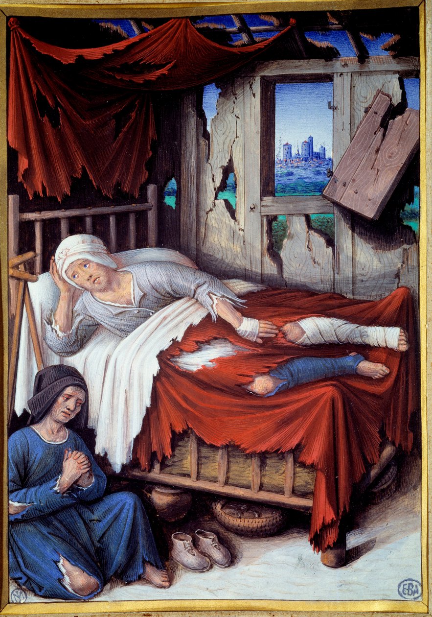 A morte de um homem pobre. Uma mulher à beira da cama de um homem a morrer, reza. Pintura de Jean Bourdichon (v.1457-1521) de Jean Bourdichon