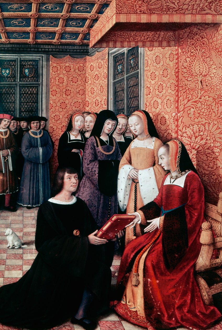 O poeta Jean Marot (1450-1526) entrega sua obra Voyage to Genoa a Anne of Brittany (1477-1514), ca. 1508, miniatura de Jean Bourdichon (1457-1521). França de Jean Bourdichon