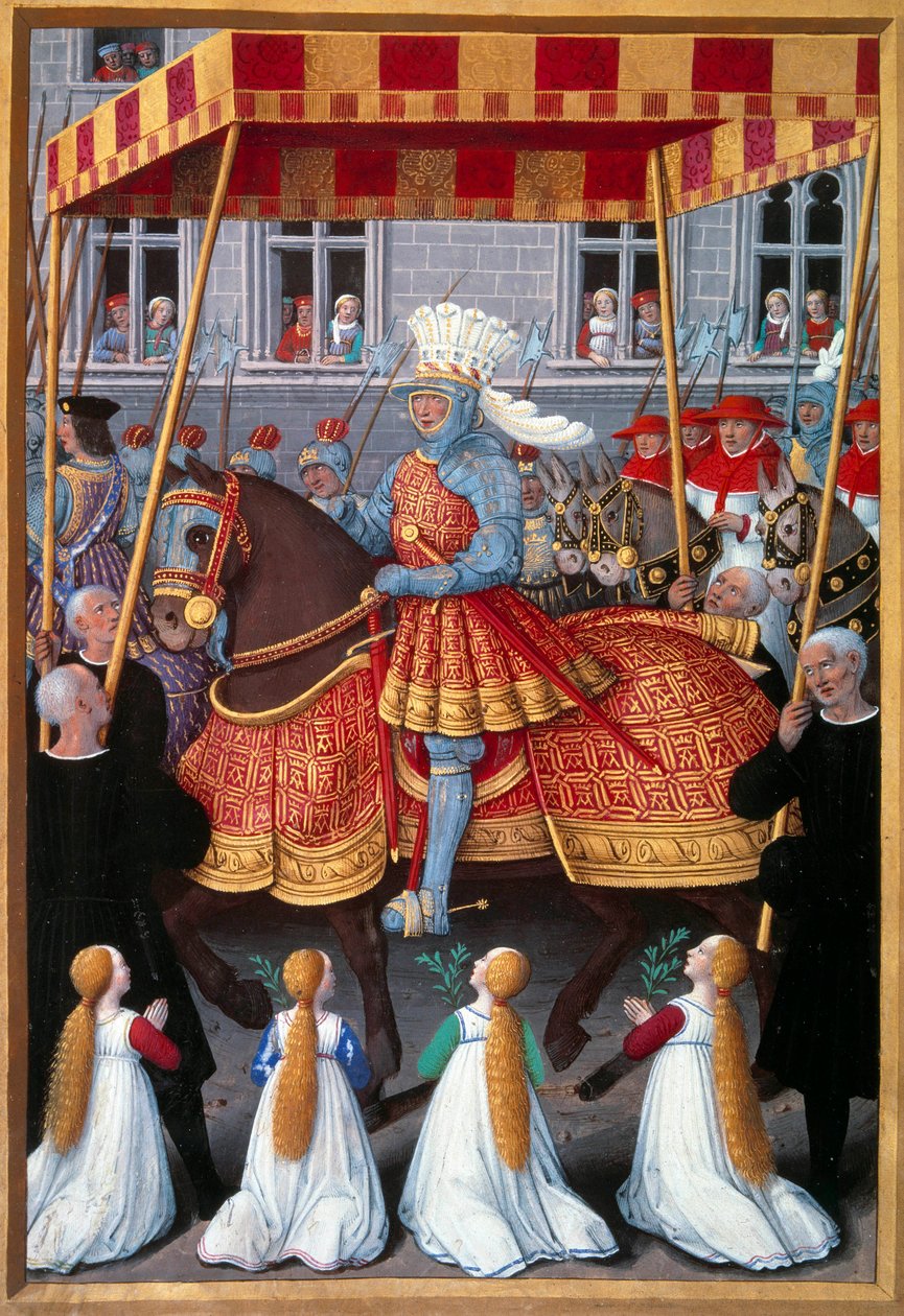 A entrada triunfal do Rei Luís XII (1462-1515) aos Genes em Abril de 1507 Miniatura tirada de "Le voyage a Genes" de Jean Marot (1450-1526), alistada por Jean Bourdichon (1457-1521) 1508. Paris, B.N. de Jean Bourdichon