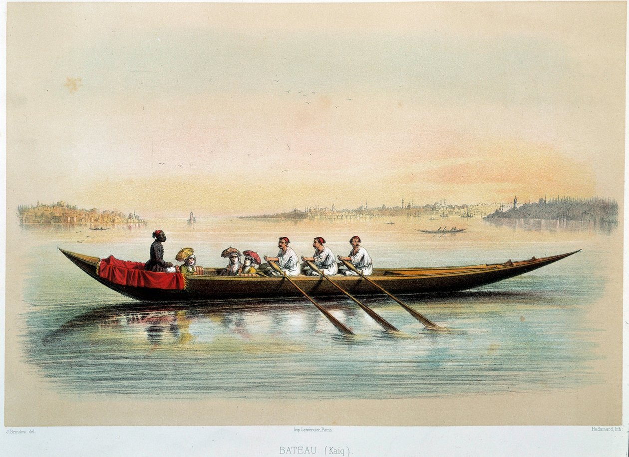 Império Otomano "um barco em Constantinopla" Watercolour de Jean Brindesi (1826-1888) de Jean Brindesi