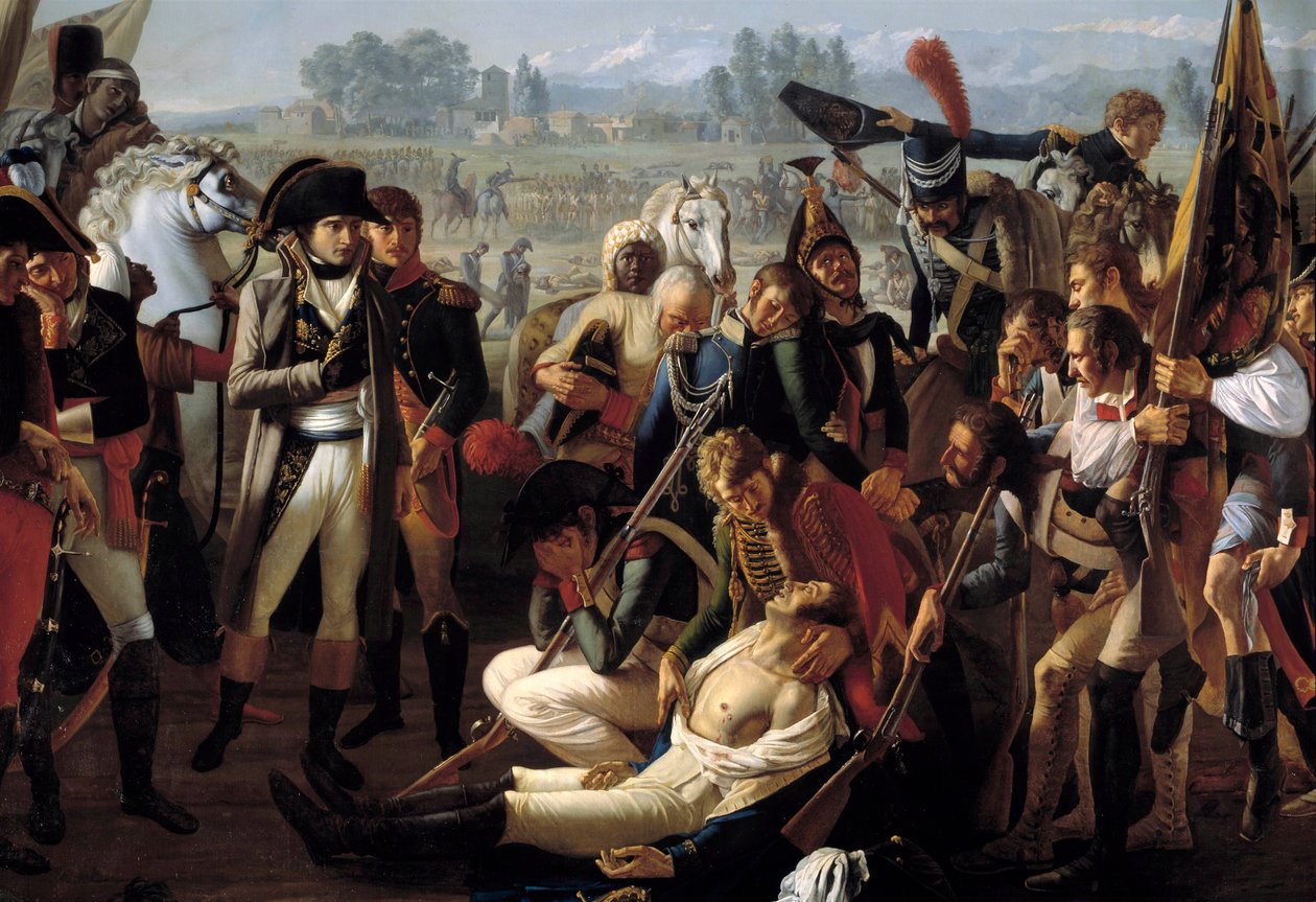 Morte do General Charles Antoine Desaix de Veygoux (1768-1800) na Batalha de Marengo em 14/06/1800 sob os olhos de Napoleão Bonaparte (1769-1821) Detalhe. Pintura de Jean Broc (1771-1850) de Jean Broc