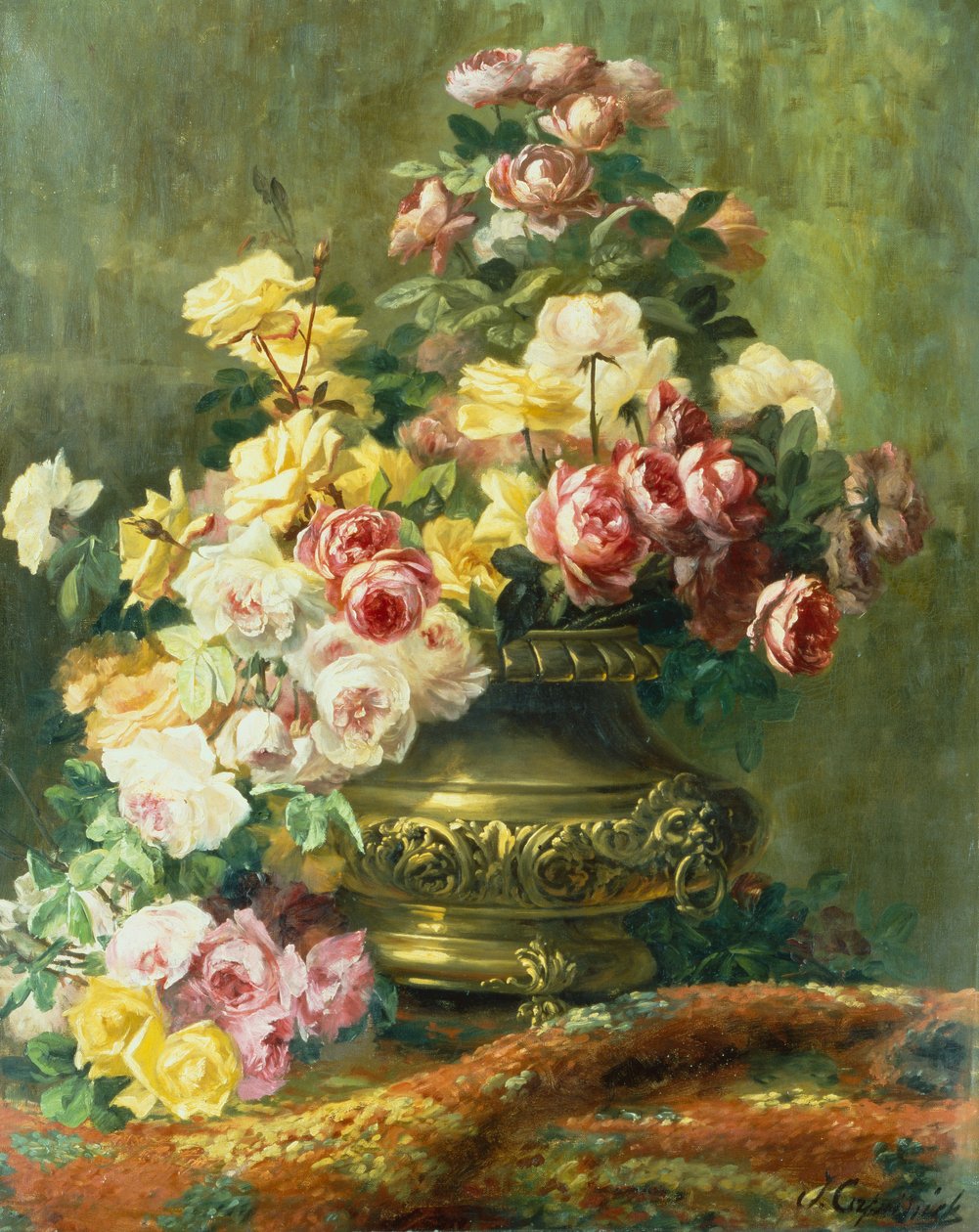 Uma opulenta natureza morta de rosas em uma urna de bronze (óleo sobre tela) de Jean Capeinick